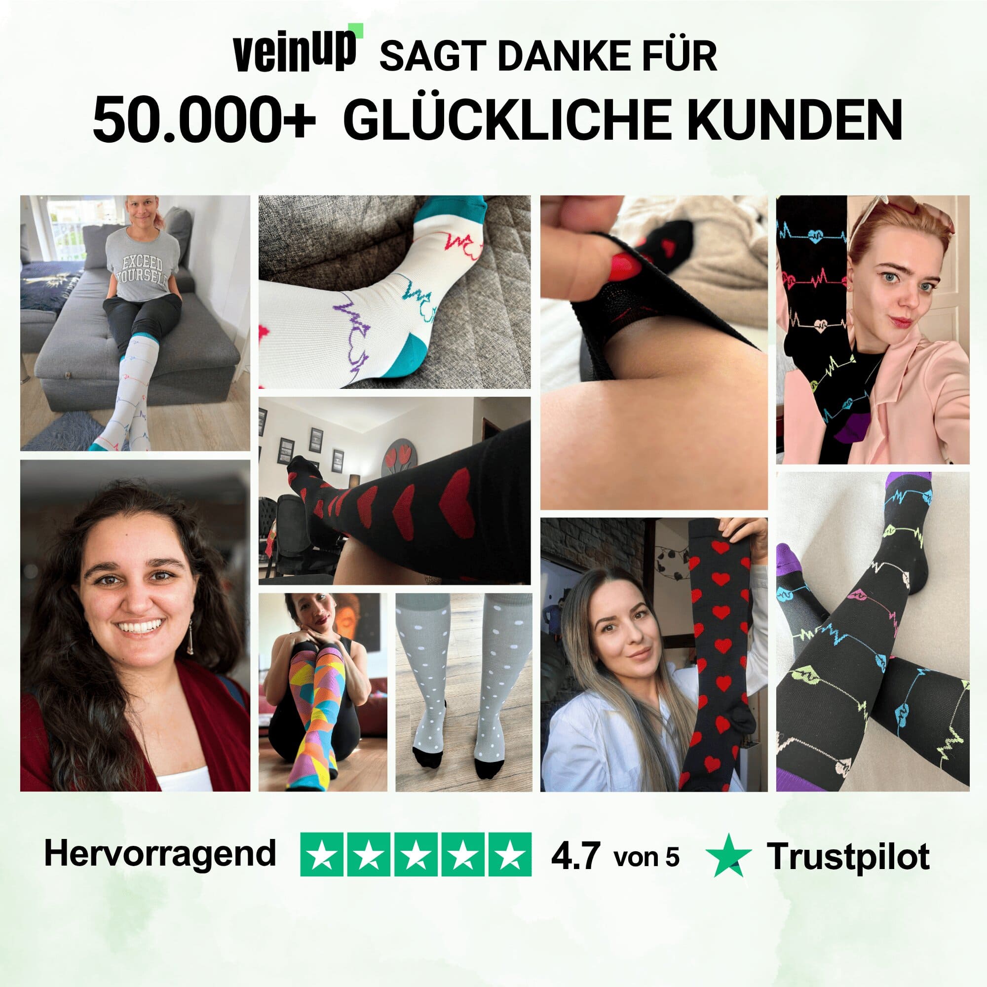 VEIN UP Kundinnen tragen stylische Kompressionsstrümpfe – Danke für über 50.000+ glückliche Kunden
