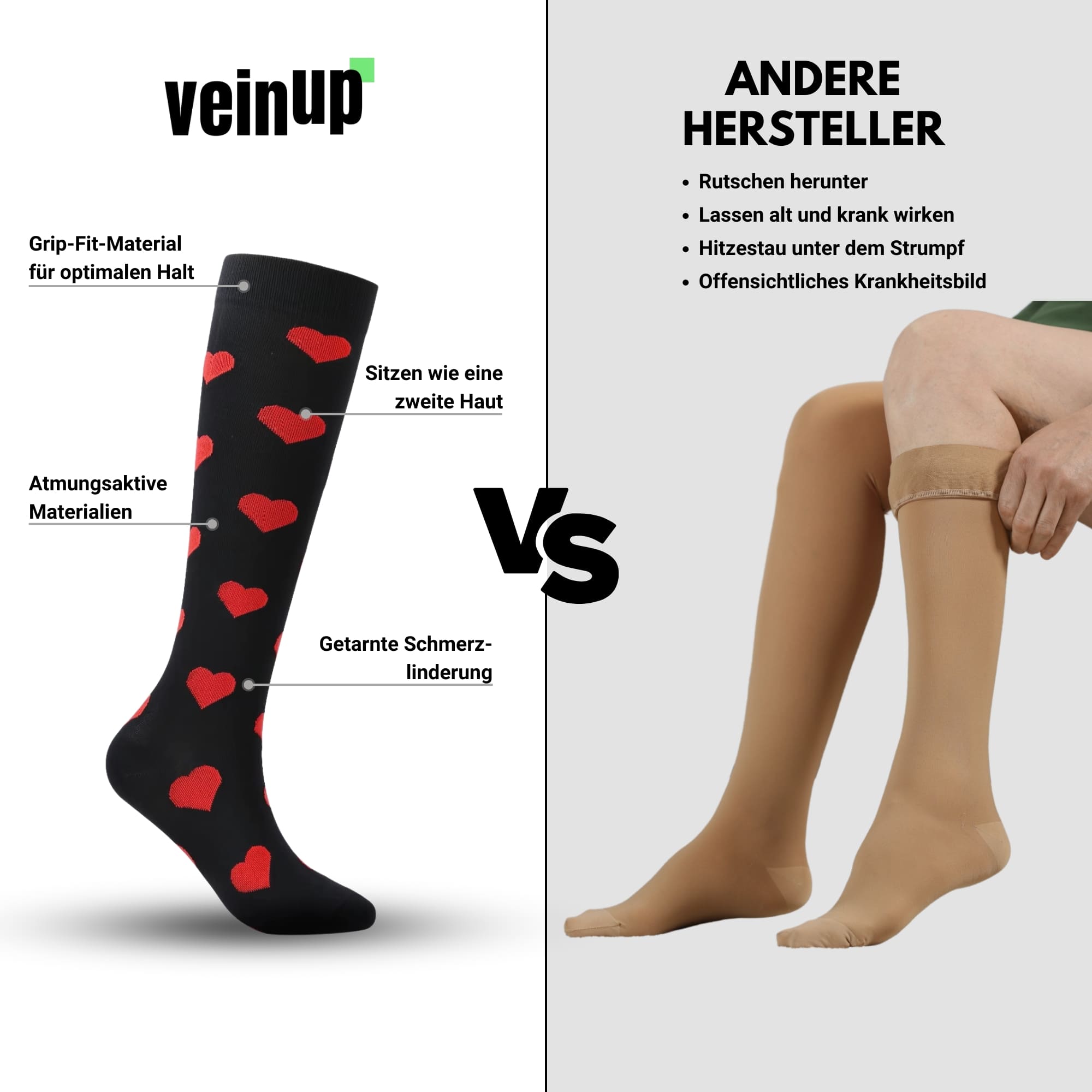 Vergleich Kompressionsstrümpfe: VEIN UP vs. klassische Anbieter mit Vor- und Nachteilen